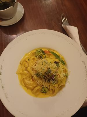 Fettuccine with very creamy sauce and verduras - nice! at Via Via Cafe in Ayacucho