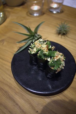 Gunkan Maki with Okra (ladies' fingers) and roasted almonds at Youmiko Vegan Sushi - Hoża in Warsaw