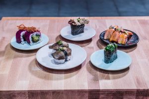 100% Vegan Sushi @ Youmiko: 

gunkan maki with fried nato
nigiri with carrot and wasabi stems
gunkan maki with spinach
nigiri with oyster mushroom
uramaki with courgette in tempura wrapped in marinated beetroot at Youmiko Vegan Sushi - Hoża in Warsaw