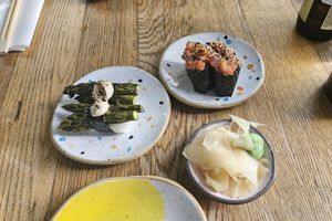 First photo: asparagus nigiri and tomato gunkan at Youmiko Vegan Sushi - Hoża in Warsaw