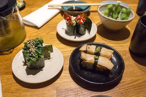 A couple items of the sushi degustation menu at Youmiko Vegan Sushi - Hoża in Warsaw