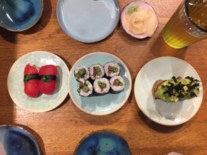 Marinated tomatoes, torcik and maki  at Youmiko Vegan Sushi - Hoża in Warsaw