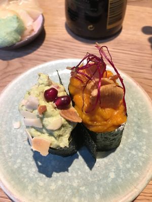 Pumpkin purée as a topping at Youmiko Vegan Sushi - Hoża in Warsaw
