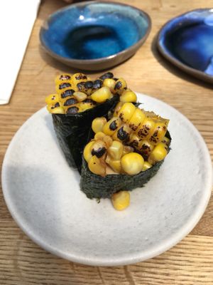 Sweet corn gunkan with teriyaki sauce at Youmiko Vegan Sushi - Hoża in Warsaw