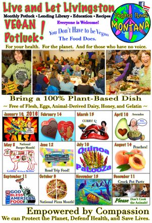 2016 Potluck themes for Live and Let Livingston.
Themes are fun, but always optional!
If you don't want to cook, bring something to drink.
Tourists welcome!!! at Live and Let Livingston in Livingston