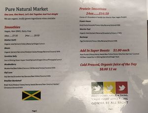 Full menu (back) at Pure Natural Market in Hilton Head Island