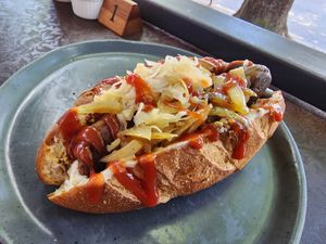 Vegan sausage in a baguette at Herbee's Garden Cafe in Hahndorf