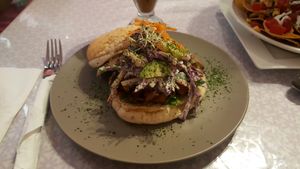 *new* menu item - vegan ";pulled pork"; burger made with jackfruit. 10/10 at Herbee's Garden Cafe in Hahndorf