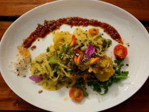 Vegetables Spaghetti on Potato Olive Oil Stamp with Tomato Pesto at Alge in Moenchengladbach