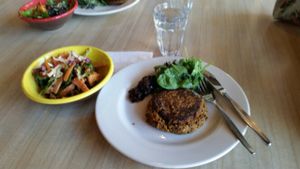 Vegan chickpea, salsa & eggplant fritter at Ritual Coffee Company in Blenheim