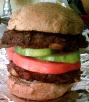 DOUBLE BURGER. VEGAN toasted Whole wheat bread, two plump lentil  burger patties made from freshly cooked lentils , herbs like basil, fennel, chive, onion, ginger, turmeric and celery, fresh slices of cucumber (can be served with lettuce, avocado) when in season or plantain), and a slice of fresh onion. at Roots Reggae Vegetarian Cafe in Bridgetown