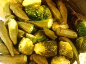 Steamed veg - Okras and Brussel sprouts at Roots Reggae Vegetarian Cafe in Bridgetown