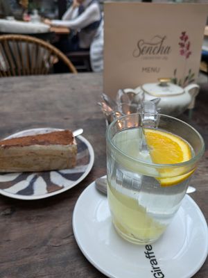 Tiramisu cake with ginger orange tea at Sencha Lunchstore in Alkmaar