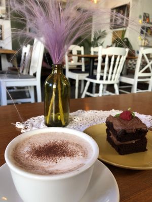 Hot chocolate + coffe chocolate cake at Kafe Soil in Trondheim