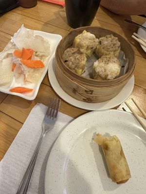 Fermented Cabbage, Sticky Rice Shu Mai & half of one of the Veggie Spring Roll  at Taiwan Noodle in Albany