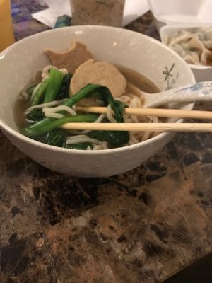 Vegan “chik’n” in mushroom broth with mustard greens. So delicious! at Taiwan Noodle in Albany