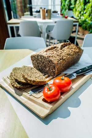 House-made whole spelt rye-sourdough bread, baked fresh everyday at Lifemotiv in Warsaw