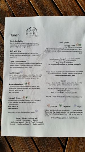 Hislops Lunch menu April 2016 at Hislop's Cafe in Kaikoura