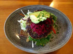 falafel burger stack  at Hislop's Cafe in Kaikoura