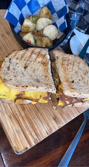 Amazing “egg” sand which. Home made egg. Made w chick pea flour  at The Pitted Date in Playa Del Carmen