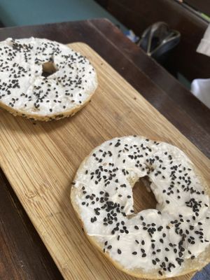 Cream cheese bagel  at The Pitted Date in Playa Del Carmen