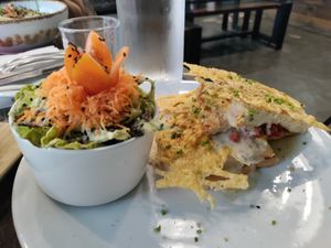 Croque monsieur and salad at The Pitted Date in Playa Del Carmen