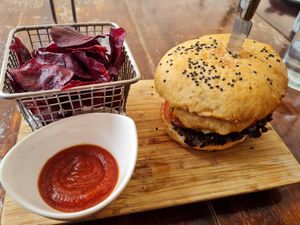 Burger and sweet potato chips at The Pitted Date in Playa Del Carmen