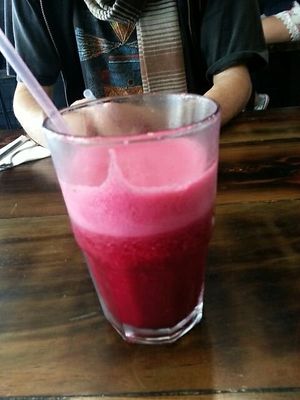 Fresh beet/ginger juice at The Pitted Date in Playa Del Carmen