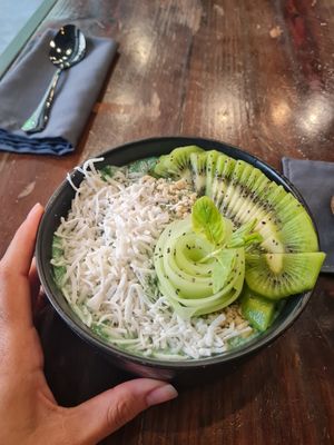 "green is the new black" smoothie bowl - so delicious! at The Pitted Date in Playa Del Carmen