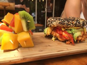 Vegan cheese, chorizo egg, bagel sandwich  at The Pitted Date in Playa Del Carmen