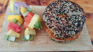 bagel with vegan egg and chorizo at The Pitted Date in Playa Del Carmen