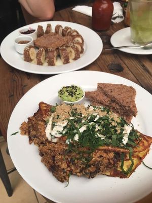 Mushroom bomlette and the sweet banana sushi at The Pitted Date in Playa Del Carmen