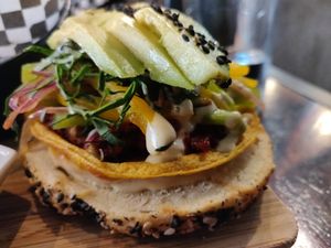 Bagelwich close up!   at The Pitted Date in Playa Del Carmen