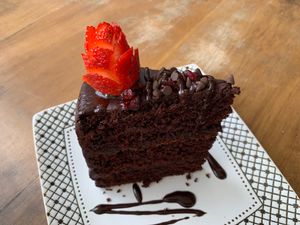 Chocolate cake (so big and delicious) at The Pitted Date in Playa Del Carmen