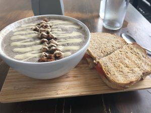 Mushroom soup and grilled cheese sandwich on gluten-free bread.  Both were excellent at The Pitted Date in Playa Del Carmen
