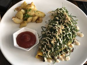 Amazing vegan omelet  at The Pitted Date in Playa Del Carmen