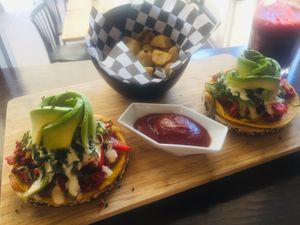 Breakfast bagel  at The Pitted Date in Playa Del Carmen