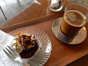 Chocolate muffin and coconut cortado at Kaffi Vinyl in Reykjavik