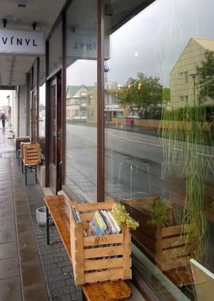 View from the outside, with vinyl records to peruse at Kaffi Vinyl in Reykjavik