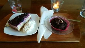 Blueberry cheesecake (with vegan whipped cream, of course) and a (black bean?) brownie. Delicious! at Kaffi Vinyl in Reykjavik