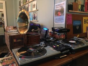 The DJ spot with old turntables at Kaffi Vinyl in Reykjavik