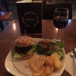 Delicious black bean and quinoa burger  at Kaffi Vinyl in Reykjavik