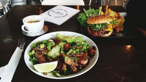 Teriyaki bowl & a burger with fun name I don't remember :p at Kaffi Vinyl in Reykjavik