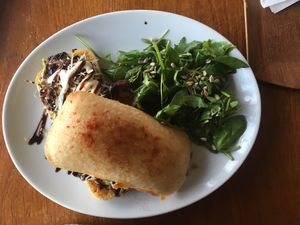 Garlic ciabatta with guacamole, caramelised onions and field mushrooms  at Kaffi Vinyl in Reykjavik
