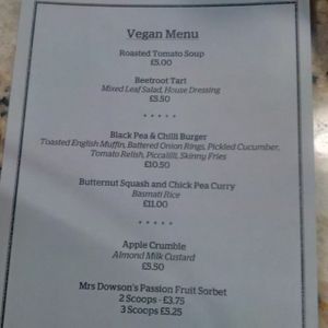 Vegan menu at The Three Fishes in Great Mitton