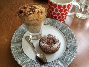 Oatmeal with apple compote and chocolate-apple cupcake at ivlo in Paris