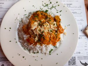 Seitan tikka massala & rice at Hicuri in Granada