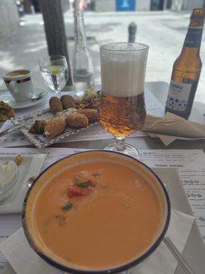 Gazpacho and Croquettes in the background at Hicuri in Granada