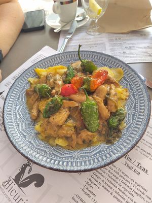 Potatoes and soy-meat and peppers. at Hicuri in Granada