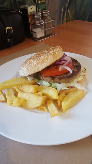 Burger and fries from the day menu at Hicuri in Granada
